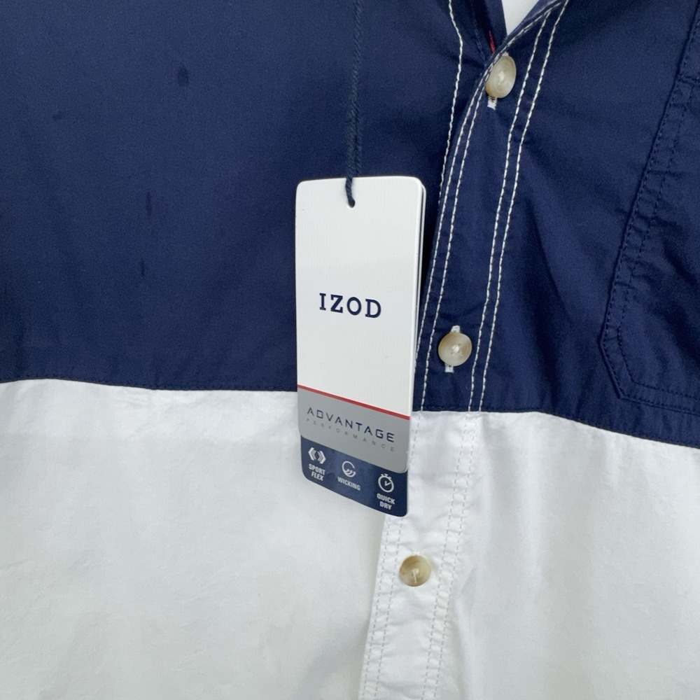 Izod Mens Medium NWT White Shirt Navy Block Button Up Short Sleeve Nautical - Picture 5 of 9